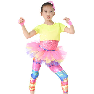 Colorful Dance Costume Girls Skirt Pants Fishnet Tank Sequins Leotard Performance Outfits