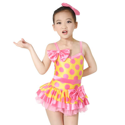 Cheerful Color Bubble Prints Lycra Jazz Costume Polka Dots Dance Dresses with Bows
