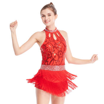 Tap Jazz Costume Dress Dance Performance Wear Floral Sequined Top Mock Neck Fringes Dress