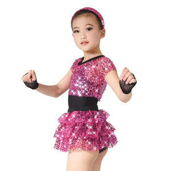 MiDee Stage Hip-Hop Leotard Sequin Top & Skirt Dress Girl Dance Costume
