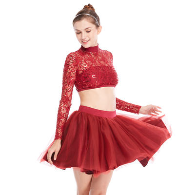 MiDee Dance Costume Sequined Lace Long Sleeves Dance Outfits Dress 2 Pieces